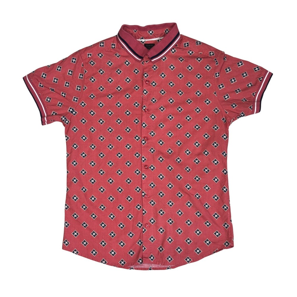 G-Net Mens Slim Fit Short Sleeve Button Down Shirt Pink Geometric Pattern Small